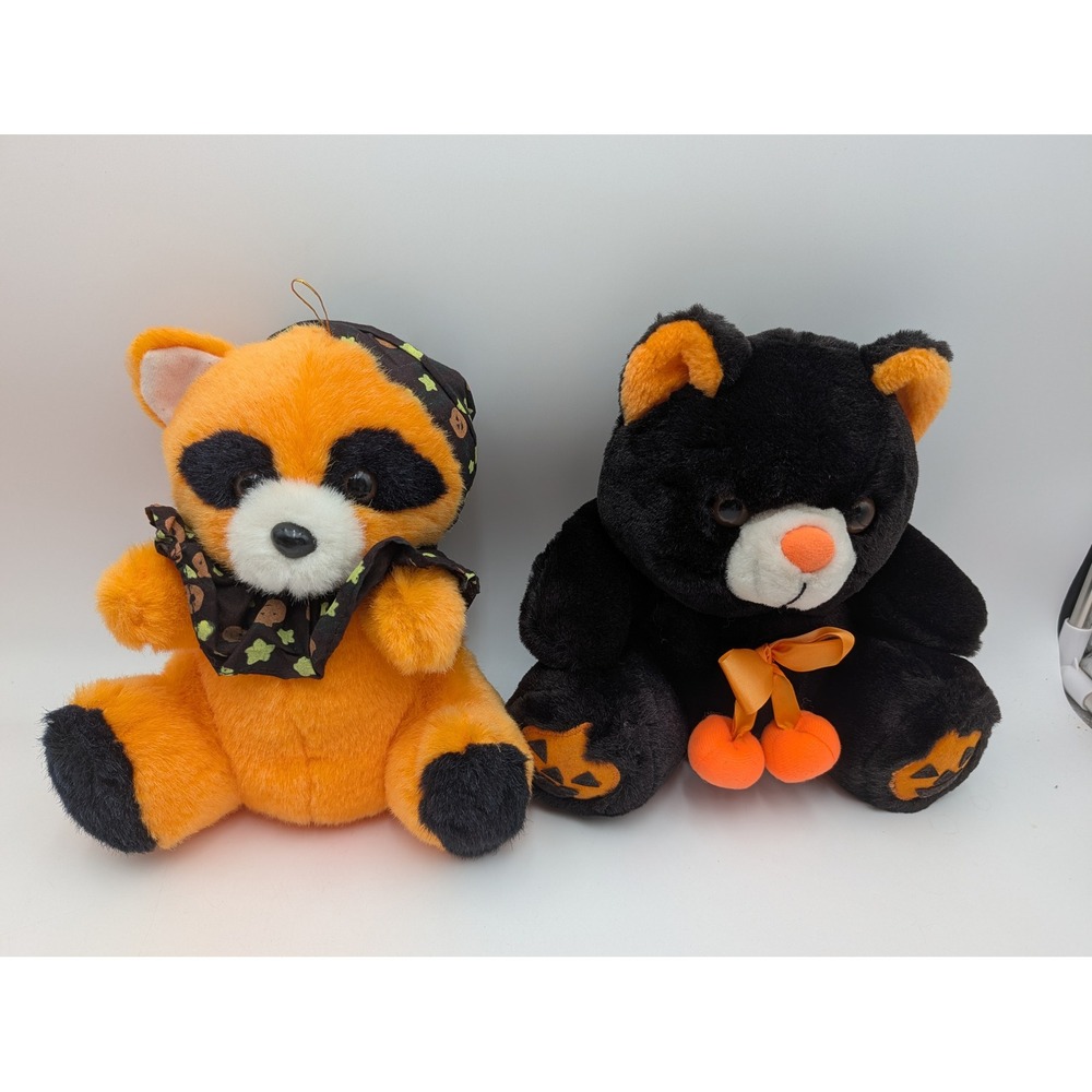Soft Things Inc Halloween Plush Raccoon and Bear Orange Black Pumpkin Paws Lot